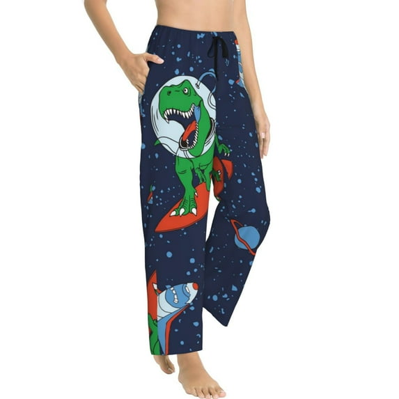 Goofa Dinosaur Astronaut Space Surfing Printed Soft Pajama Pants for Women, Wide Leg Comfy Casual Lounge Yoga Pants-Medium