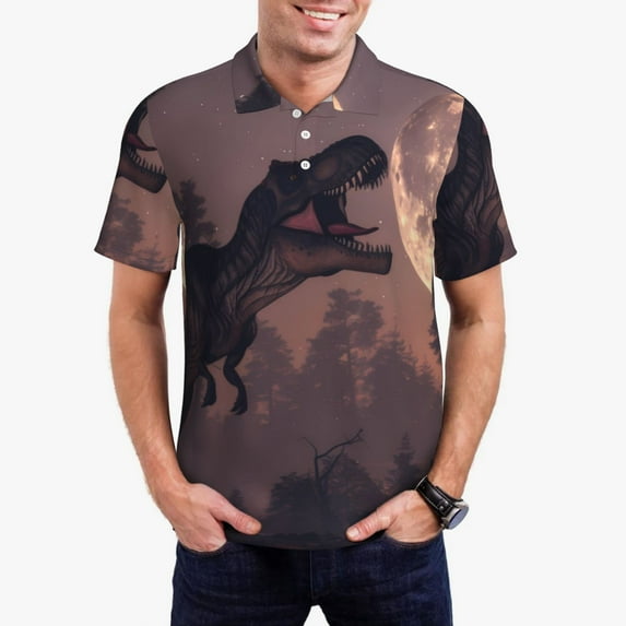 Goofa Dinosaur Moonlit Forest Print Mens Polo Shirts Quick Dry Short Sleeve Golf T Shirt Performance Moisture Wicking Casual Workout-Medium