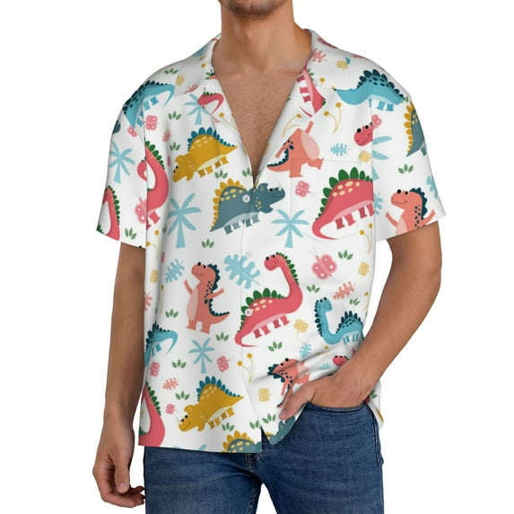 Goofa Dinosaur Printed Men's Casual Short-sleeved Shirt,Lightweight Breathable Button-down,Summer Casual men's top,Versatile Fashion shirt-XX-Large