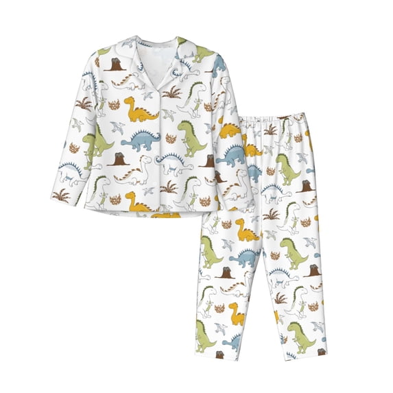 Goofa Dinosaur Printed Women’s 2 Piece Pajama Set Super,Pajamas Women's Long Sleeve Sleepwear Soft Button Down Loungewear Pjs Lounge Set Nightwear-Large
