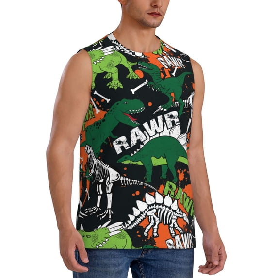 Goofa Dinosaur Skeleton Printed Men's Sleeveless T-Shirt - Athletic Gym Workout Tank Top for Men - Moisture-Wicking, UPF 30+ Quick-Dry Muscle Tee-3X-Large