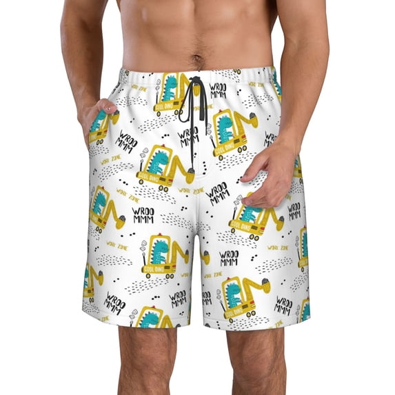 Goofa Dinosaur on Excavator Printed Mens Swim Trunks Summer Quick Dry Short Beach Swimwear Bathing Suits-Medium