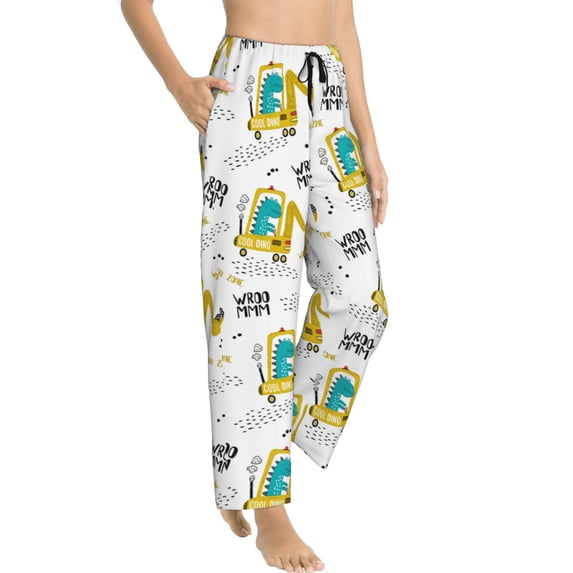 Goofa Dinosaur on Excavator Printed Soft Pajama Pants for Women, Wide Leg Comfy Casual Lounge Yoga Pants-