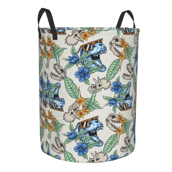 Goofa Dinosaurs And Leaves Printed Circular Hamper,Laundry Basket with Handles,Storage Baskets Foldable,Large Capacity Laundry Hamper-Medium