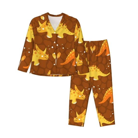 Goofa Dinosaurs and Leaves Printed Women’s 2 Piece Pajama Set Super,Pajamas Women's Long Sleeve Sleepwear Soft Button Down Loungewear Pjs Lounge Set Nightwear-Large