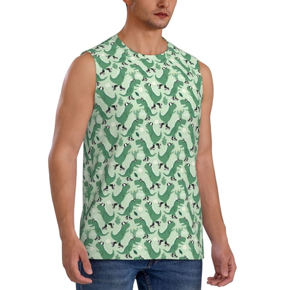 Goofa Dinosaurs on Roller Skater Printed Men's Sleeveless T-Shirt - Athletic Gym Workout Tank Top for Men - Moisture-Wicking, UPF 30+ Quick-Dry Muscle Tee-Small