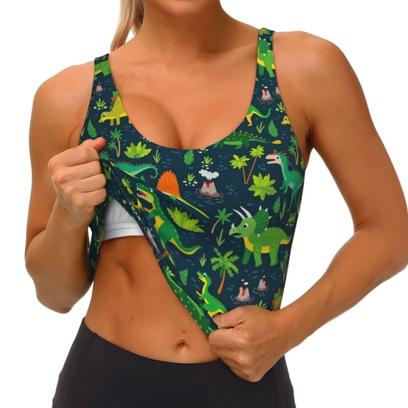 Goofa Dinosaurs and Tropical Leaves and Flowers Printed Sports Bras for Women, High Impact Running Bra Workout Crop Tank Tops Longline Sports Bra Push up-Large
