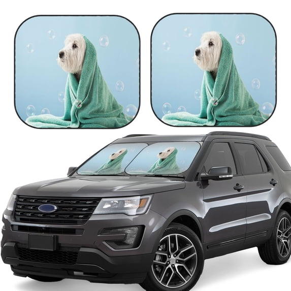 Goofa Dog Wrapped in Towel Pattern 2 Piece Car Windshield Sun Shade Foldable | Front Windshield Shade for Sun, Heat and UV Rays | Sunshade for Car Front Window-Large