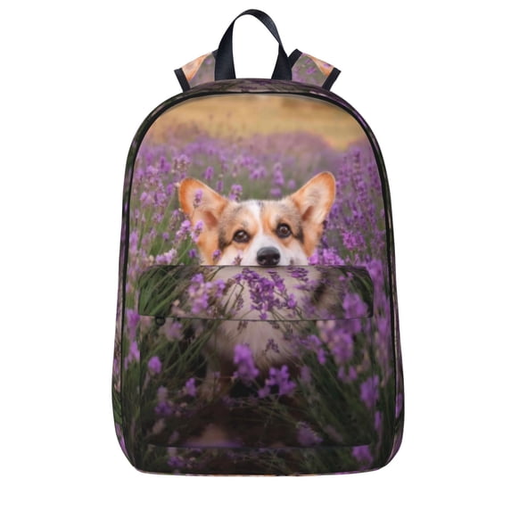 Goofa Dog in Lavender Flowers Printed Backpack,Laptop Backpack,Durable Anti-Theft Travel Work Backpack,Water-resistant Backpack