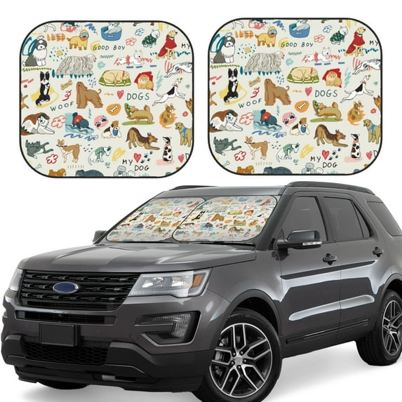 Goofa Dogs Funny Pets Pattern 2 Piece Car Windshield Sun Shade Foldable | Front Windshield Shade for Sun, Heat and UV Rays | Sunshade for Car Front Window-Medium