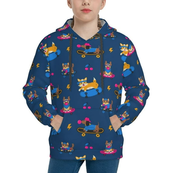 Goofa Dogs Riding Skateboard Pattern Hooded Sweatshirt for Youth Trendy youth sweatshirt Casual Hoodie for Boys and Girls-Large