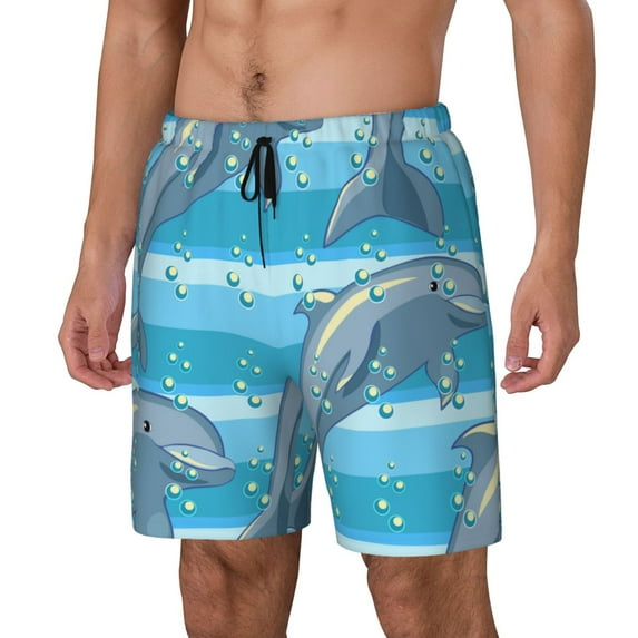 Goofa Dolphin Printed Men's Swim Trunks Board Shorts Quick Dry Mens Swimming Trunks with Compression Liner,Breathable Fit Hawaii Beach Shorts-Medium