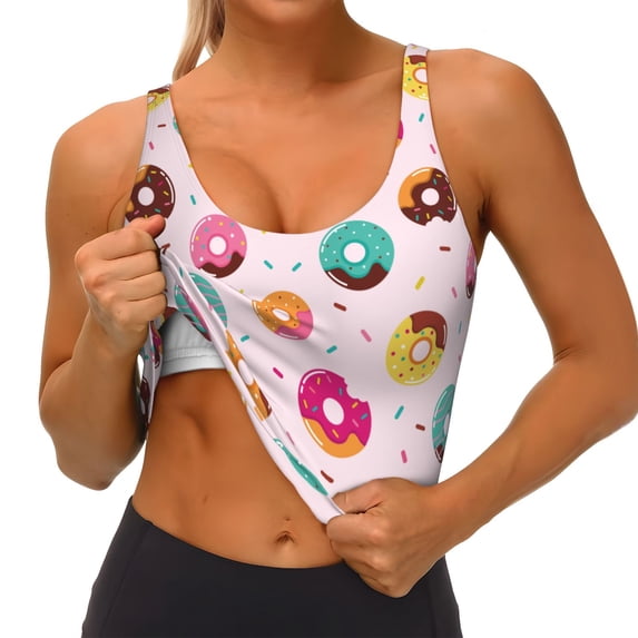 Goofa Colorful Donuts Printed Sports Bras for Women, High Impact Running Bra Workout Crop Tank Tops Longline Sports Bra Push up-Small