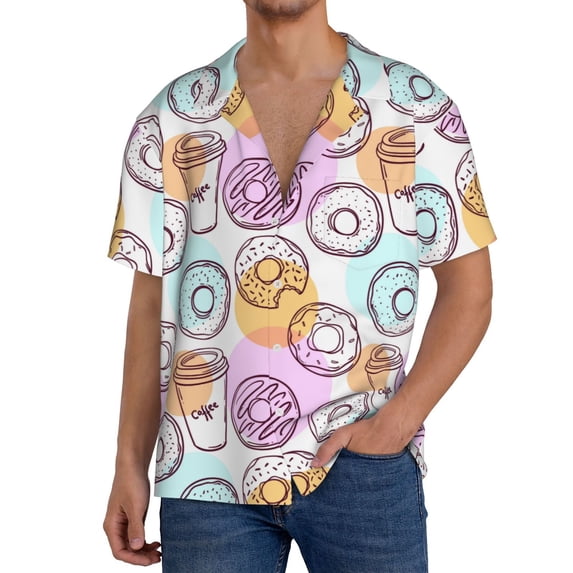 Goofa Donuts and Coffee Printed Men's Casual Short-sleeved Shirt,Lightweight Breathable Button-down,Summer Casual men's top,Versatile Fashion shirt-