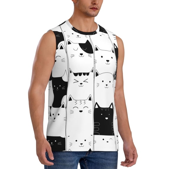 Goofa Doodle Cute Cat Printed Men's Sleeveless T-Shirt - Athletic Gym Workout Tank Top for Men - Moisture-Wicking, UPF 30+ Quick-Dry Muscle Tee-Medium
