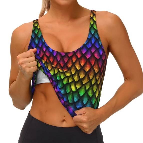 Goofa Dragon Scales Printed Sports Bras for Women, High Impact Running Bra Workout Crop Tank Tops Longline Sports Bra Push up-Small