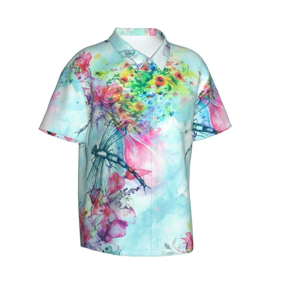Goofa Dragonfly Floral Hawaiian Shirt for Men, Unisex Summer Beach Casual Short Sleeve Button Down Shirts,Aloha Tropical Floral print shirt-Small