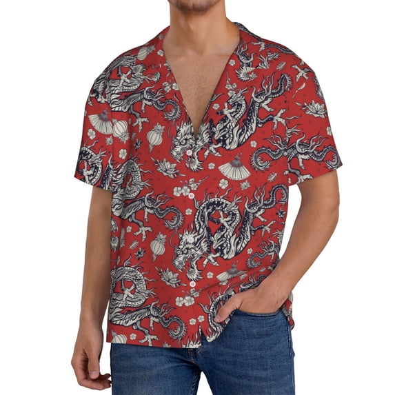 Goofa Dragons2 Printed Men's Casual Short-sleeved Shirt,Lightweight Breathable Button-down,Summer Casual men's top,Versatile Fashion shirt-Large