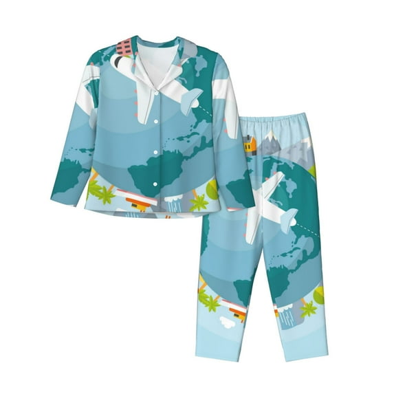 Goofa Dreaming Travel Printed Women’s 2 Piece Pajama Set Super,Pajamas Women's Long Sleeve Sleepwear Soft Button Down Loungewear Pjs Lounge Set Nightwear-Small