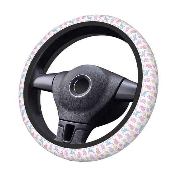 Goofa Easter Colorful Rabbit Pattern Elastic Stretch Steering Wheel Cover,Universal 15 inch, Microfiber Breathable Ice Silk, Anti-Slip, Odorless, Easy Carry