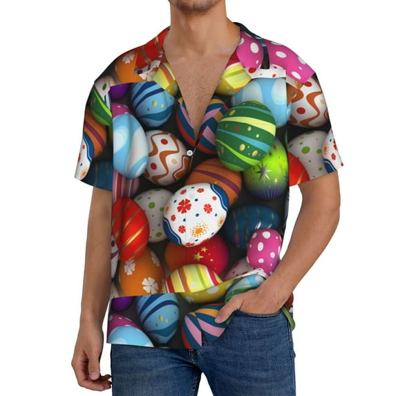 Goofa Easter Egg Printed Men's Casual Short-sleeved Shirt,Lightweight Breathable Button-down,Summer Casual men's top,Versatile Fashion shirt-3X-Large