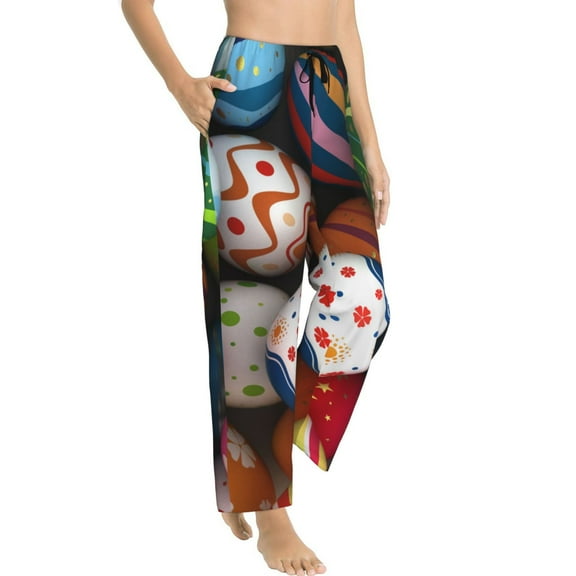 Goofa Easter Egg Printed Soft Pajama Pants for Women, Wide Leg Comfy Casual Lounge Yoga Pants-Small