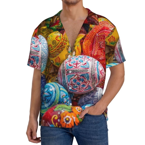 Goofa Easter Eggs Printed Men's Casual Short-sleeved Shirt,Lightweight Breathable Button-down,Summer Casual men's top,Versatile Fashion shirt-Large