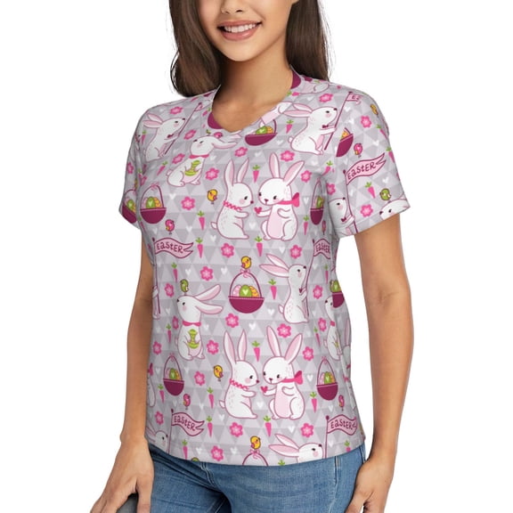 Goofa Easter Rabbit Pattern Women's Slim-Fit Short-Sleeve V-Neck T-Shirt,Classic-Fit Short-Sleeve V-Neck T-Shirt-Small