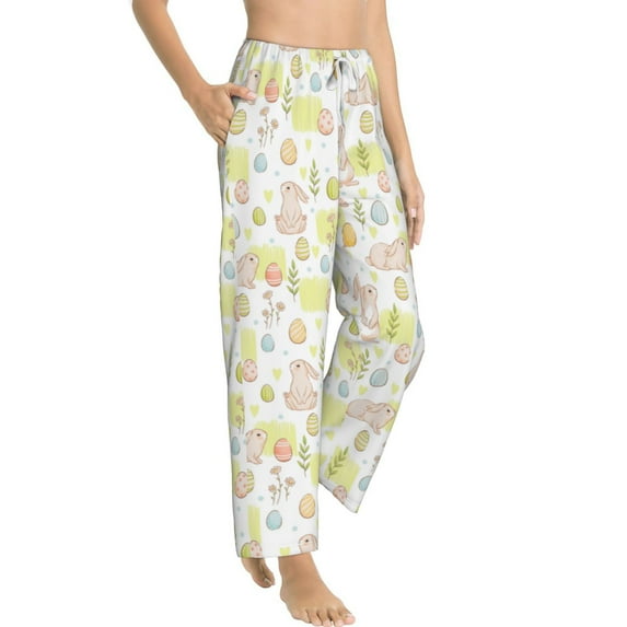 Goofa Easter Rabbit Printed Soft Pajama Pants for Women, Wide Leg Comfy Casual Lounge Yoga Pants-Small