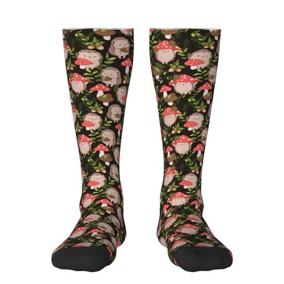 Goofa Edgehog and Mushrooms Pattern Adult Stockings, Color-Block Knee High Socks, Comfortable and Breathable, Soft and Stretchable, Sports, and Decoration