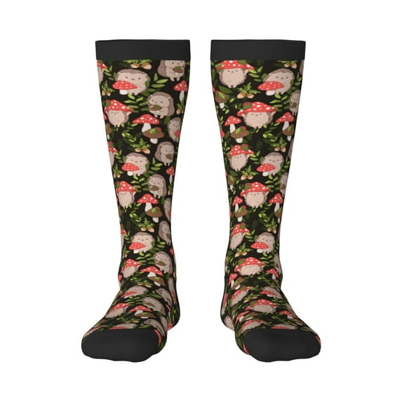 Goofa Edgehog and Mushrooms Pattern Adult Stockings, Color-Block Knee High Socks, Comfortable and Breathable, Soft and Stretchable, Sports, and Decoration