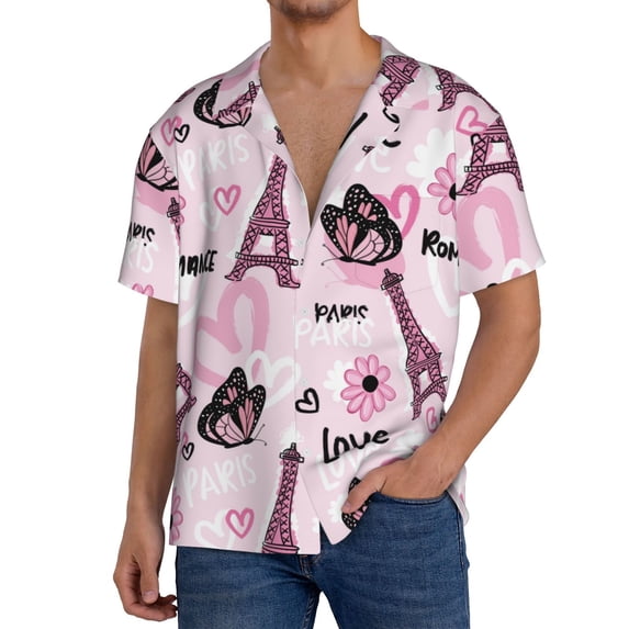Goofa Eiffel Tower and Butterflies Printed Men's Casual Short-sleeved Shirt,Lightweight Breathable Button-down,Summer Casual men's top,Versatile Fashion shirt-XX-Large