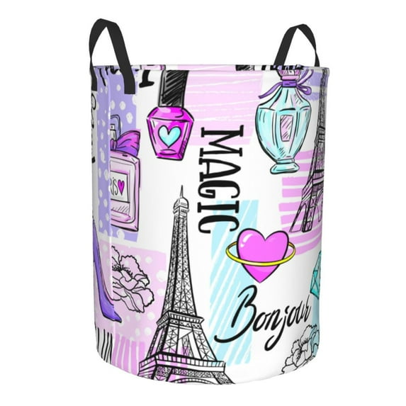 Goofa Eiffel Tower and Hearts Printed Circular Hamper,Laundry Basket with Handles,Storage Baskets Foldable,Large Capacity Laundry Hamper-