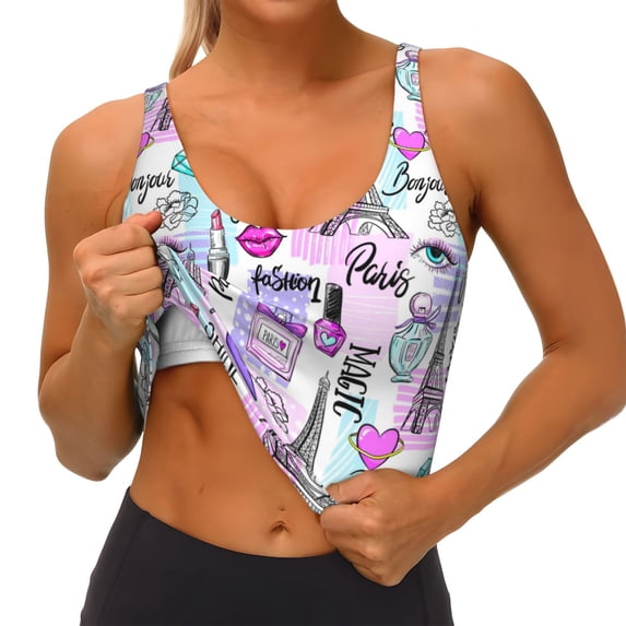 Goofa Eiffel Tower and Hearts Printed Sports Bras for Women, High Impact Running Bra Workout Crop Tank Tops Longline Sports Bra Push up-Medium