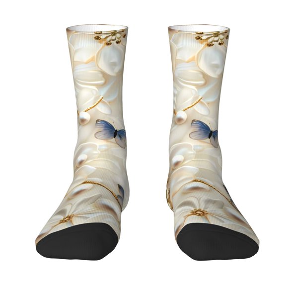 Goofa Elegant Butterflies And Pearls Printed Men's Crew Socks, Soft Durable Breathable Moisture-Wicking with Odor Control Cotton socks