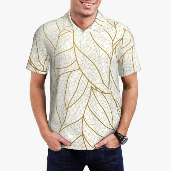 Goofa Elegant Gold Leaf Pattern Print Mens Polo Shirts Quick Dry Short Sleeve Golf T Shirt Performance Moisture Wicking Casual Workout-3X-Large