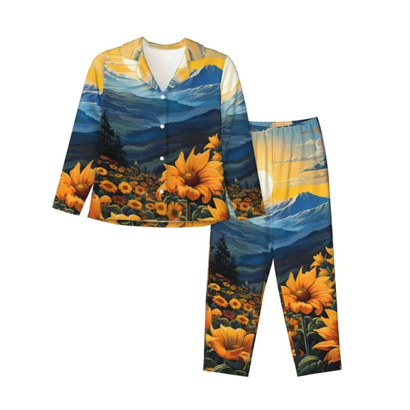 Goofa Elegant Sunset Sunflower Printed Women’s 2 Piece Pajama Set Super,Pajamas Women's Long Sleeve Sleepwear Soft Button Down Loungewear Pjs Lounge Set Nightwear-Small
