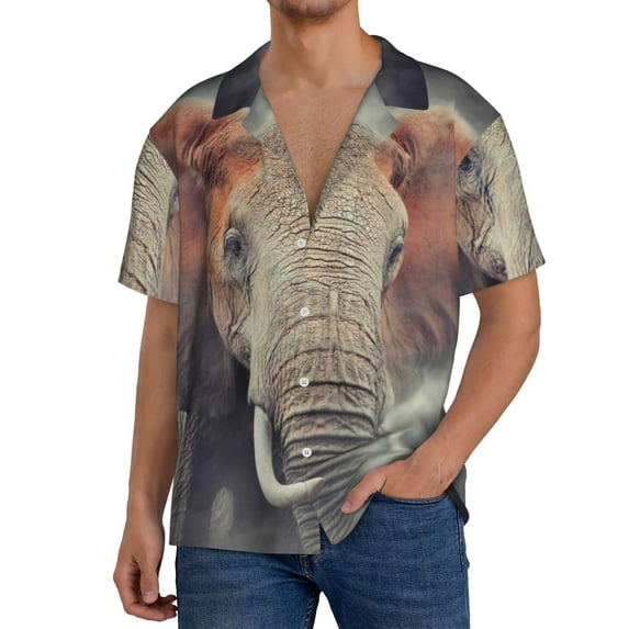 Goofa Elephant in Smoke Printed Men's Casual Short-sleeved Shirt,Lightweight Breathable Button-down,Summer Casual men's top,Versatile Fashion shirt-X-Large