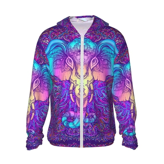 Goofa Elephant in Tribal Style Printed Women's UPF 50+ Sun Protection Hoodie Jacket Lightweight Long Sleeve Sun Shirt for Women with Pocket Hiking Outdoor-Medium
