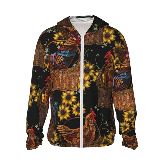 Goofa Embroidery Chicken Rooster Printed Women's UPF 50  Sun Protection Hoodie Jacket Lightweight Long Sleeve Sun Shirt for Women with Pocket Hiking Outdoor-3X-Large
