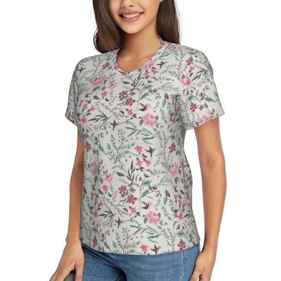 Goofa Fairy Floral Pattern Women's Slim-Fit Short-Sleeve V-Neck T-Shirt,Classic-Fit Short-Sleeve V-Neck T-Shirt-X-Large