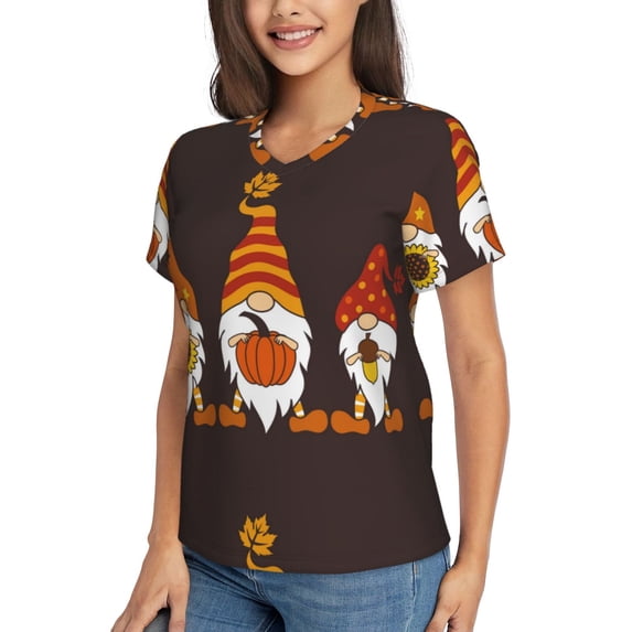Goofa Fall Gnomes Pattern Women's Slim-Fit Short-Sleeve V-Neck T-Shirt,Classic-Fit Short-Sleeve V-Neck T-Shirt-Large