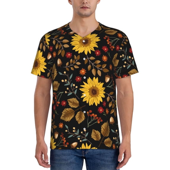 Goofa Fall Sunflowers Leaves Pattern Mens Golf Shirt Baseball T-shirt Moisture Wicking Dry Fit Performance Sport Short Sleeve Striped Golf Polo Shirts-XX-Large