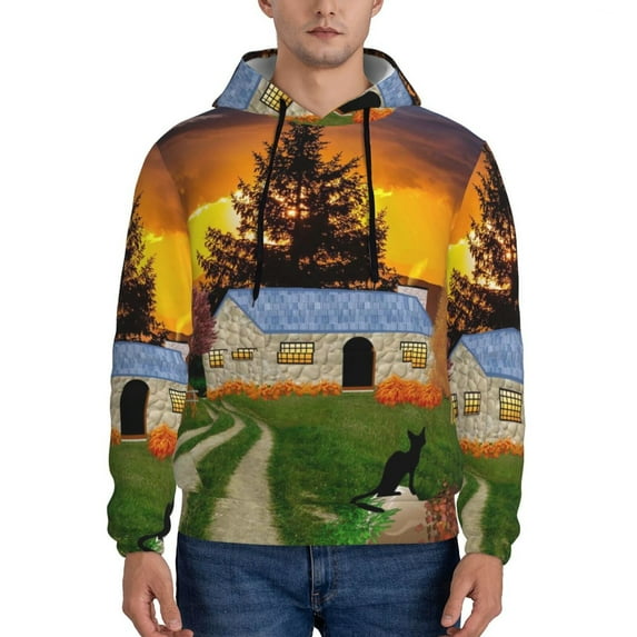 Goofa Fall Village Scenery for Men's Hooded Sweatshirt - Lightweight Pullover Hoodie with Kangaroo Pocket, Perfect for Everyday Wear-4X-Large