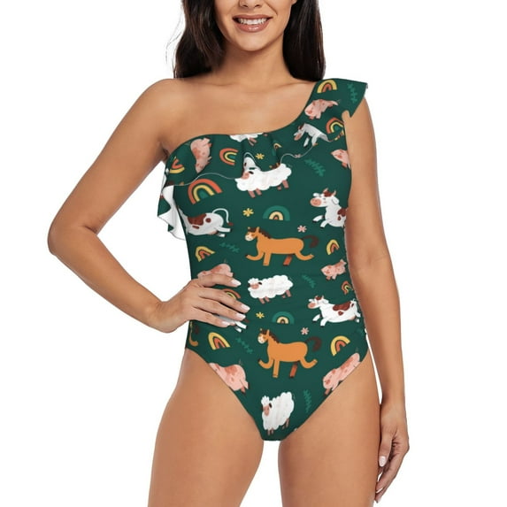 Goofa Farmhouse Animals Pattern Women's One Piece Swimsuits Tummy Control Bathing Suits Asymmetric One Shoulder Swimwear-X-Large