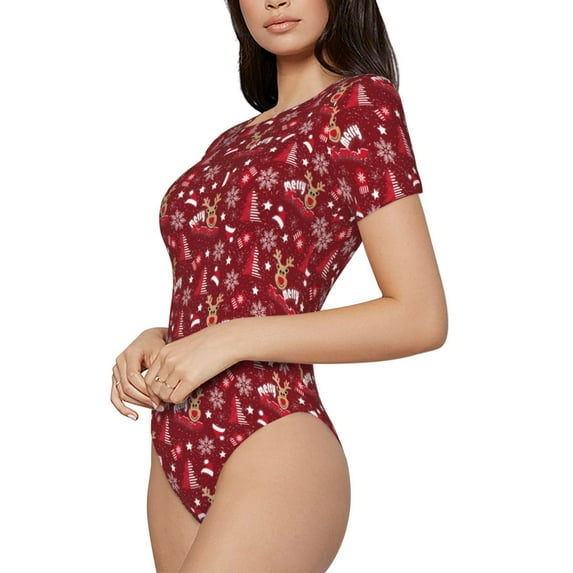 Goofa Festive Reindeer Printed Women Rash Guard Short Sleeve,Tummy control Swimsuit Surfing Swimsuit Bathing Suit One Piece Swimsuit UPF 50-XX-Large