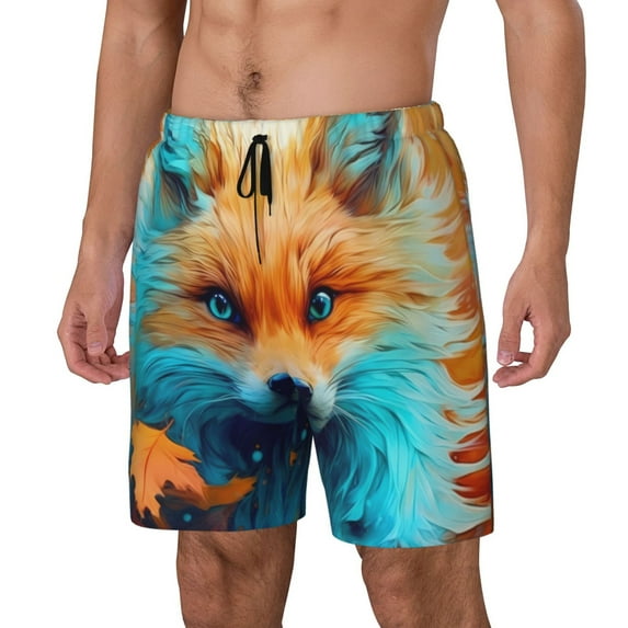 Goofa Fiery Red Maple Leaf Fox Printed Men's Swim Trunks Board Shorts Quick Dry Mens Swimming Trunks with Compression Liner,Breathable Fit Hawaii Beach Shorts-XX-Large