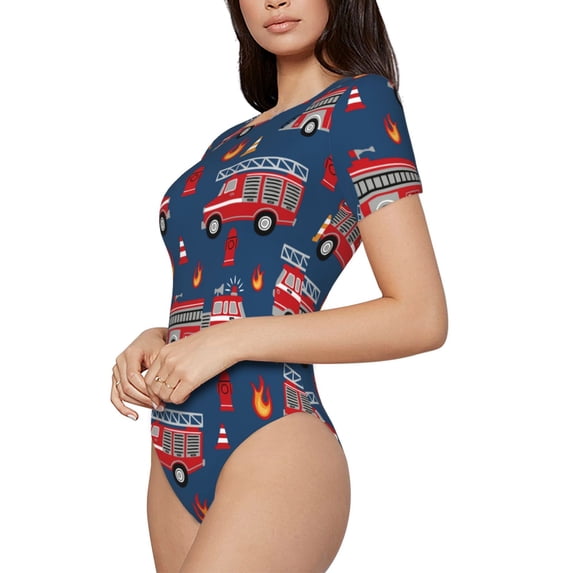 Goofa Fire Truck 1 Printed Women Rash Guard Short Sleeve,Tummy control Swimsuit Surfing Swimsuit Bathing Suit One Piece Swimsuit UPF 50-X-Large