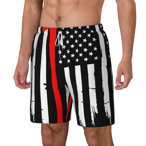 Goofa Firefighters USA Flag Printed Men's Swim Trunks Board Shorts Quick Dry Mens Swimming Trunks with Compression Liner,Breathable Fit Hawaii Beach Shorts-X-Large