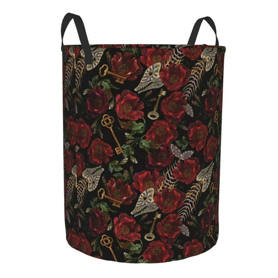 Goofa Fishbone Rose Printed Circular Hamper,Laundry Basket with Handles,Storage Baskets Foldable,Large Capacity Laundry Hamper-Medium